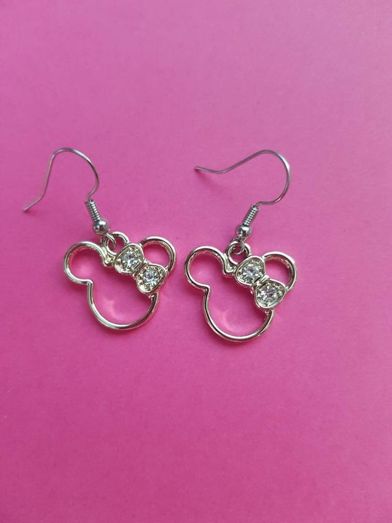 Miss Mouse Sparkle bow earrings | Minnie faux rhinestone earrings | silver tone Minnie earrings with faux diamond bow