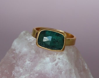 Natural Emerald 14K Gold Plated Emerald Cut Ring, 925 Sterling Silver, Vintage Feeling Emerald Ring, Birthstone Ring, Gift for Her