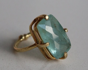 Vintage Emerald Cut Aquamarine Ring, Aquamarine March Birth Stone, Green Aquamarine Stone Vintage Ring, Aquamarine Gift for Her