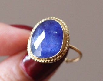 Natural Large Blue Sapphire Vintage Feeling Ring, Gold Adjustable Mother's Day Gift for Her, Birthday Gift