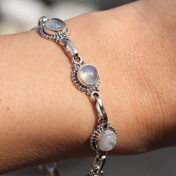 Rainbow Moonstone Silver Bracelet, Natural Moonstone, Gemstone Jewelry, Gift for Her, June Birthstone Jewelry