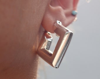 Square Silver Hoops, Chunky Silver Modern Hoops, Thick Wide Square Huggie Hoops, Minimalist Hoops, Gift for Her