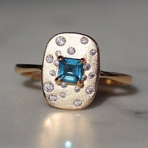 Natural London Blue Topaz Minimal Ring, Square Cut 18K Gold Plated, 925 Sterling Silver, Unique Blue Topaz Ring, Gift for Her,