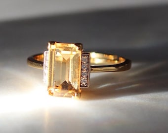 Citrine Emerald Cut Ring, 18K Gold Plated, 925 Sterling Silver, Gift for Her, Genuine Citrine Gemstone