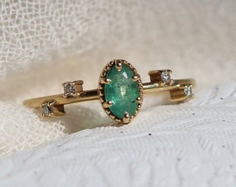 Emerald Diamond Solid Gold Ring, 14K Natural Emerald Dainty Ring, Anniversary Gift, Engagement Ring, Mother's Day Gift, May Birthstone Ring