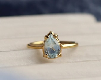Aquamarine Blue Pear Minimalist Ring, 14K Gold Genuine Aquamarine Ring, Adjustable Dainty Crystal Ring, Gift for Her, March Birthstone