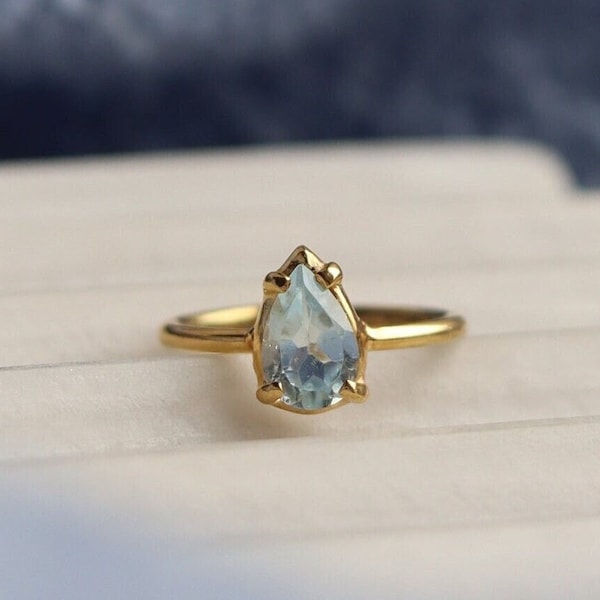 Aquamarine Blue Pear Minimalist Ring, 14K Gold Genuine Aquamarine Ring, Adjustable Dainty Crystal Ring, Gift for Her, March Birthstone