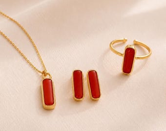 Red Coral Elegant Design Set, Necklace, Earrings and Ring, Sterling Silver, 14K Gold Plating, Birthday Gift, Gift For Her, Natural Coral