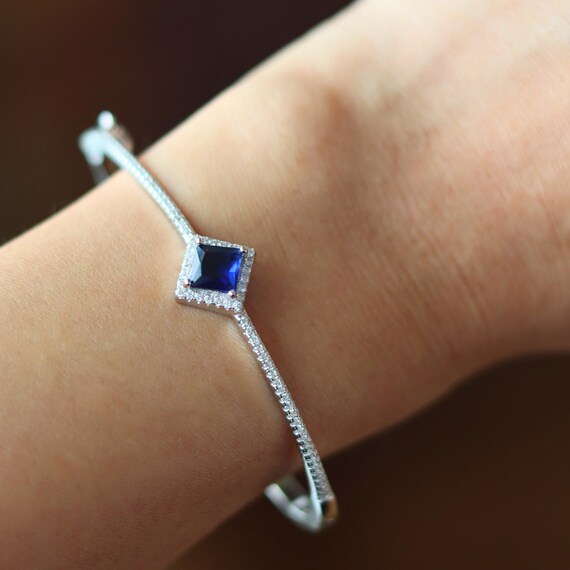 Sapphire Blue Elegant Bracelet, Wedding Jewelry, Wedding Bangle Cuff Bracelet with Zirconia, Gift for Her
