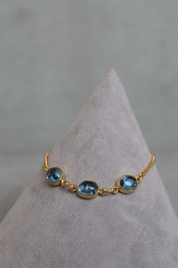 Genuine 3 Stone Blue Topaz Bracelet, 925 Sterling Silver 14K Gold Plated, Beautiful Gemstone Gift, Mother's Day Gift for Her