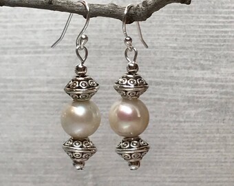 Pearl Silver Bead Earrings, Art Deco earrings, wedding earrings, silver earrings, pearl dangle earrings, bridesmaid jewelry, bride earrings