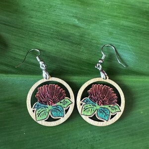 Beautiful Lehua Flower ʻōhiʻa lehua Wooden Earrings Made in Hawaii