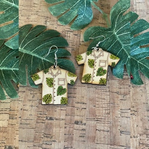 Handcrafted Wooden Tiki Bar Aloha Shirt Monstera Leaf Retro Earrings