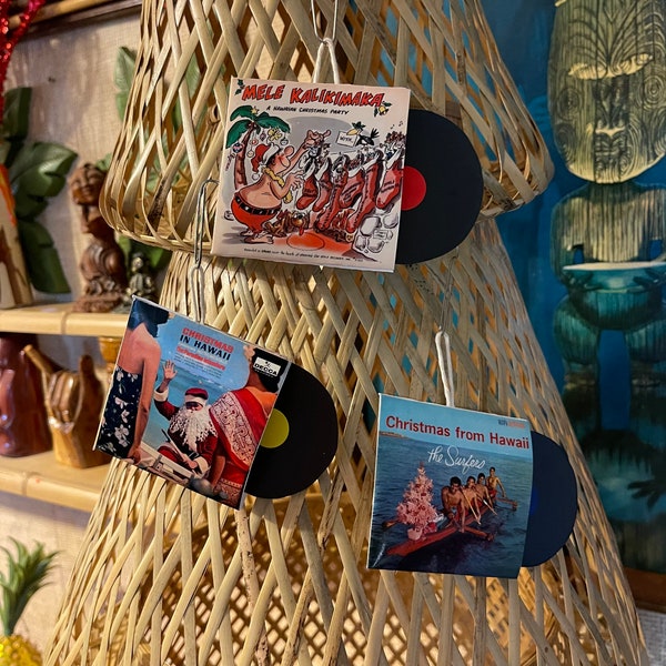 Tiki Christmas Tree Ornament Set Mele Kalikimaka Mini Hawaiian Record Albums