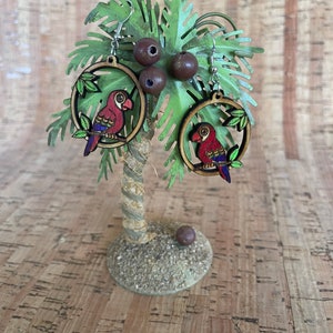 Handcrafted Wooden Tiki Room Parrot / Macaw Retro Earrings