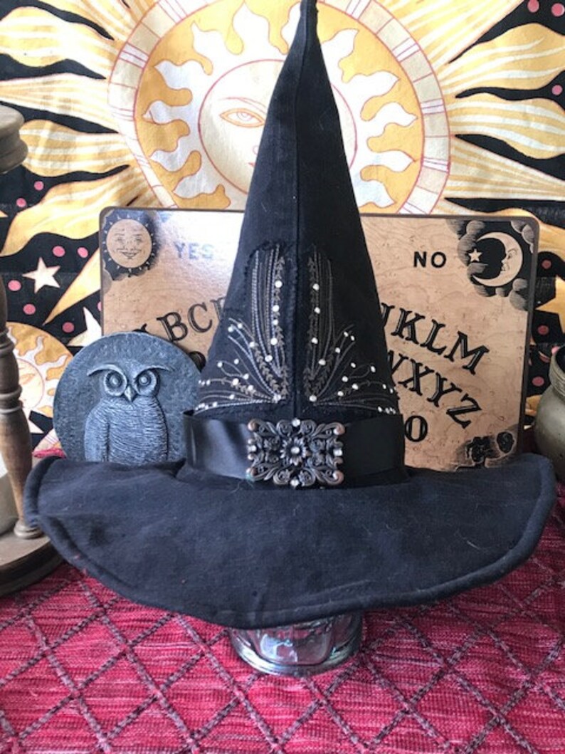 Black Denim Rhinestone Embroidered Witch Hat with Buckle Etsy