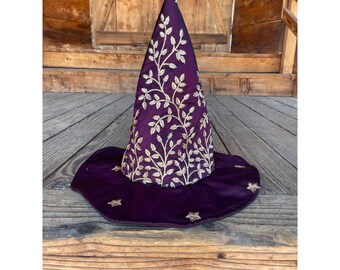 Stunning Burgundy and Gold Metallic Floral Embroidered  Witch Hat - Modern Witch, Warlock, Wizard Hat