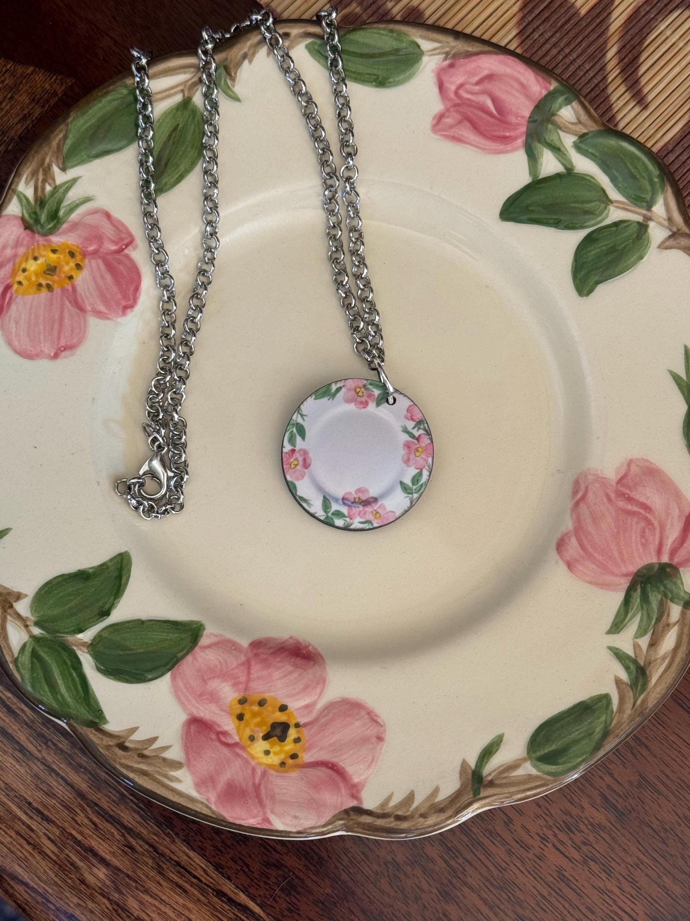 Beautiful Franciscan Pottery Dinnerware Desert Rose Plate Pendant Necklace