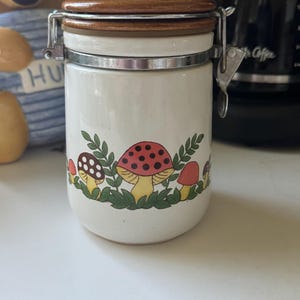 Vintage Merry Mushroom Ceramic Canister with Clamp Lid – 1970s Retro Kitchen Storage – Sears Mushroom J