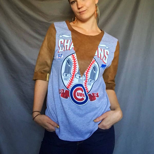 Recycled Fashion Cubs Championship Tee w/ Leather Insets