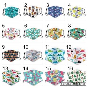 2 Pack - Kids children Toddler youth face covering face mask  3 layer with adjustable ear elastic Dino and animal print. cars and cartoons