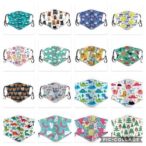 LIMITED TIME OFFER ! 5 Pack - Kids  face covering face mask - 3 layer with adjustable ear elastic Dino and animal print. cars and cartoons
