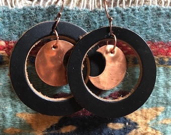 Hand Cut Black Latigo Leather and Copper Crescent Moon Earrings