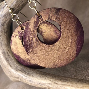Handpainted Eggplant and copper wooden hoops . One of a kind, unique and light weight.