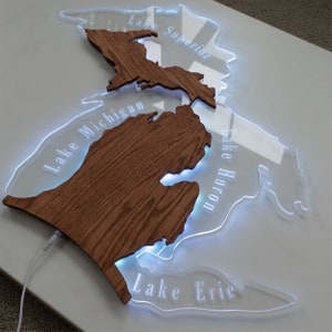 Michigan Wall Sign, Edge Lit Multi-Color LED Art Décor, Wood & Acrylic -Made in Michigan