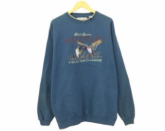 Selten ! Wildlife Field Börse Adler Big Logo Stickerei Spellout Vintage 90er Jahre Rundhals-Sweatshirt Pullover Pullover Style Fashion / Size XLarge