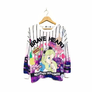 Rare! Max Brave Heart Necessary Roughness Vintage Cartoon Disney Alice Over Print Big Logo Crewneck Sweatshirt Jumper Pullover / Size Large