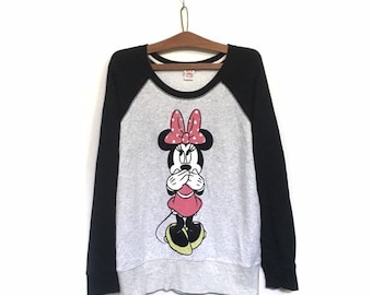 Rare! Minnie Mouse Mickey Mouse Disney Cartoon Big Logo Crewneck Sweatshirt Jumper Spellout Pullover / Size Large