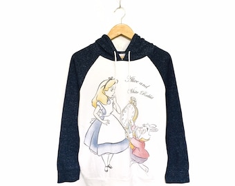 Rare! Alice And White Rabbit Vintage Cartoon Disney Big Logo Spellout Crewneck Sweatshirt Jumper Pullover Style Fashion / Size Large