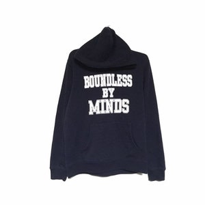 May include: A navy blue hooded sweatshirt with the text "BOUNDLESS BY MINDS" in white block letters across the chest. The sweatshirt has a front pocket and a drawstring hood. The background is plain white.