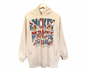 ¡Raro! Sudadera con capucha de Mickey Mouse y Minnie Mouse con gran sonrisa, estilo vintage, con cuello redondo y estampado de dibujos animados de Disney. Talla mediana.