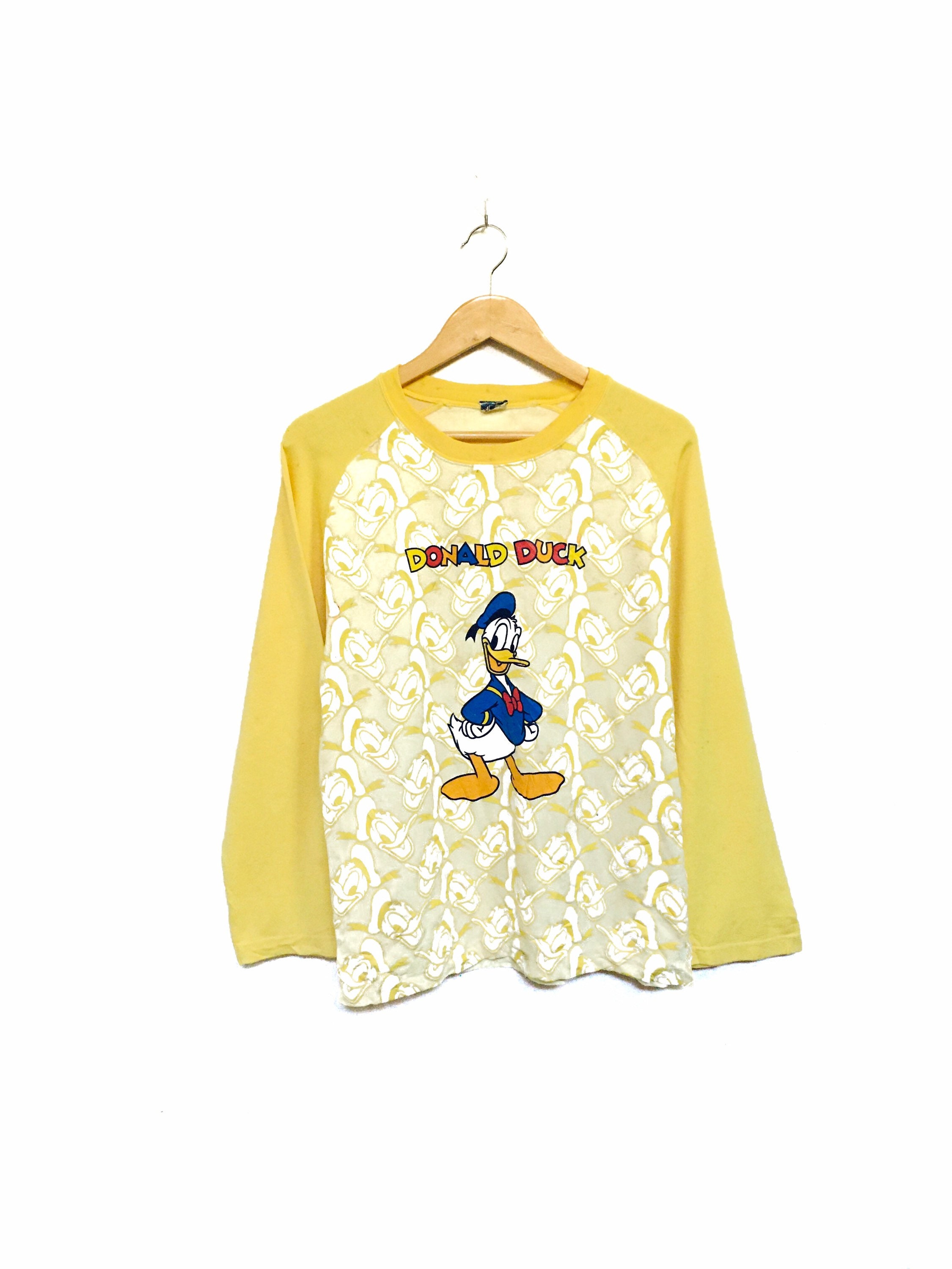 Selten ! Disney Donald Duck Big Logo Stickerei Full Print Spellout Vintage Cartoon Rundhals Sweatshirt Pullover Pullover / Größe Medium