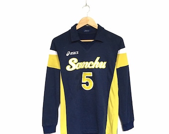 Rare! Asics Sport Sanchni 5 Made In Japan Big Logo Spellout Vintage Crewneck Sweatshirt Jumper Pullover Sweater Sportswear / Size Medium