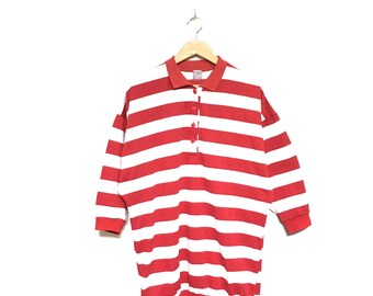 Rare! Gnow Well Striped Red And White Button Up Made In Japan Vintage 90s Crewneck Sweatshirt Jumper Pullover Fashion Style / Size Medium
