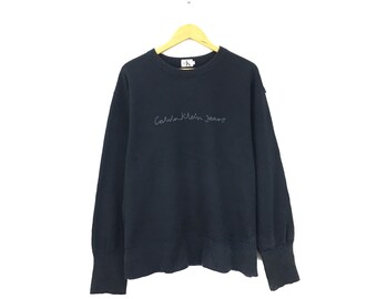 Rare! Calvin Klein Jeans Big Logo Embroidery Vintage Crewneck Sweatshirt Jumper Pullover Spellout Logo Made In USA Fashion / Size  Medium