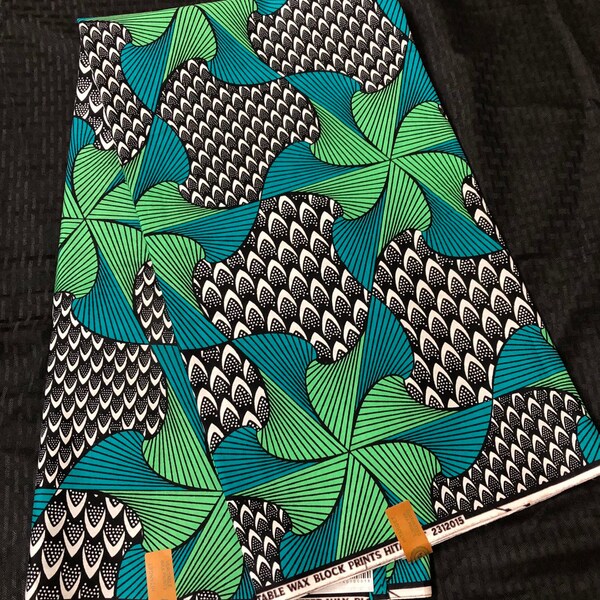 Tejido africano cortado a medida verde teal negro flor de panal blanco Ankara / African Wax print / Material / tela / ntoma