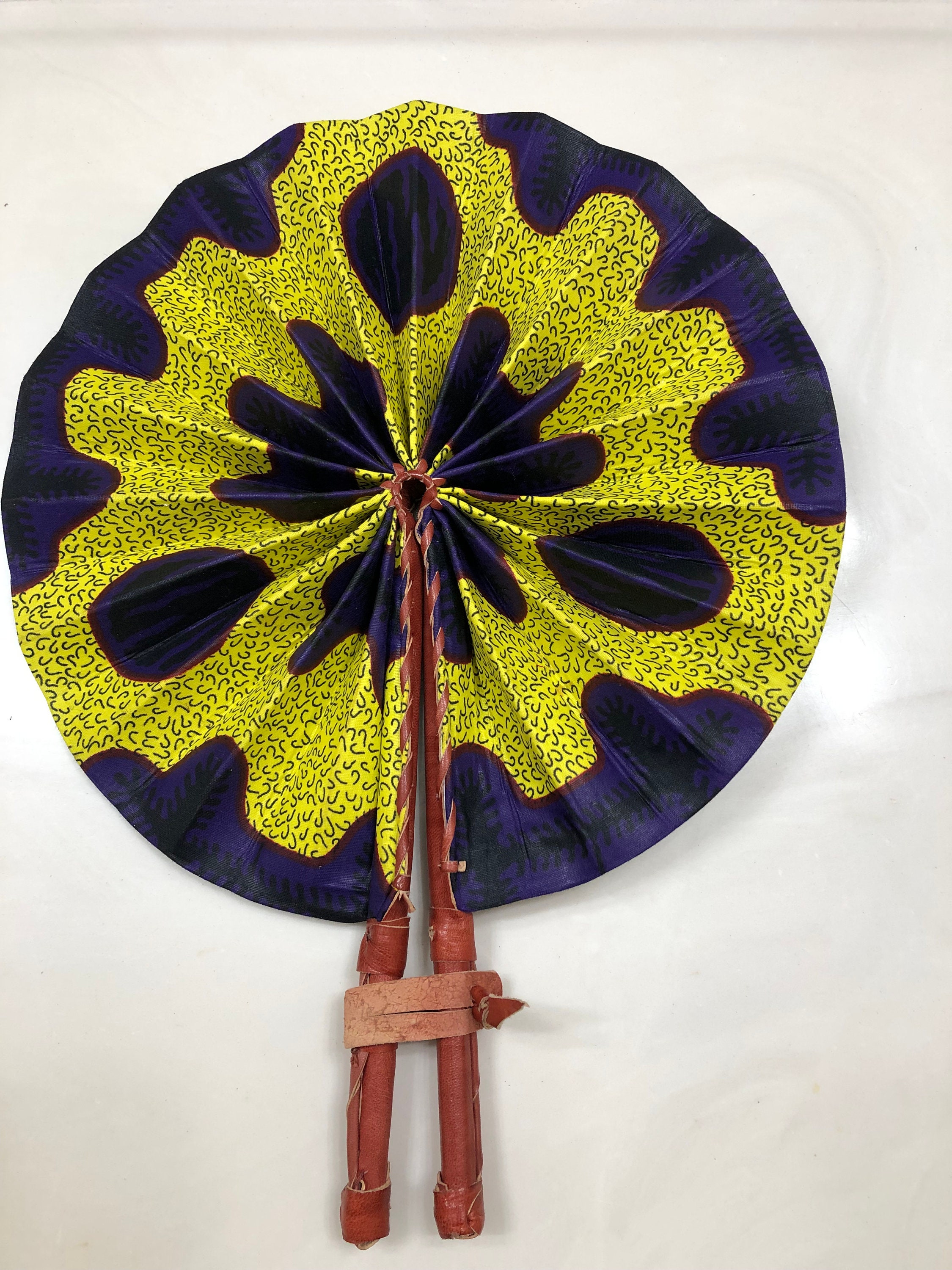 Black yellow Ankara african wedding favor ethnic print fabric round windmill style handmade hand fan with leather trim folding