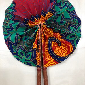 Black yellow Ankara african wedding favor ethnic print fabric round windmill style handmade hand fan with leather trim folding