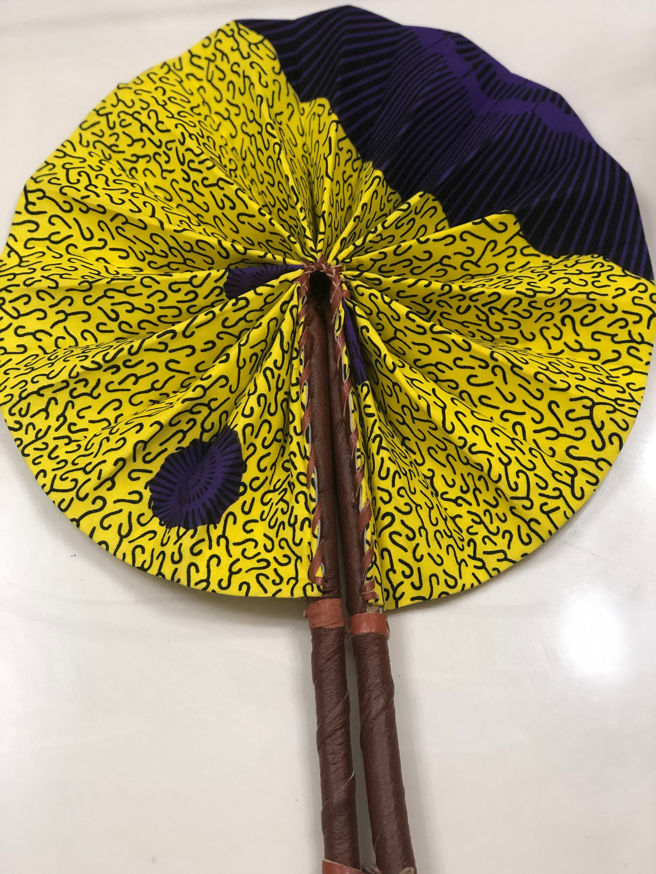 Black yellow Ankara african wedding favor ethnic print fabric round windmill style handmade hand fan with leather trim folding