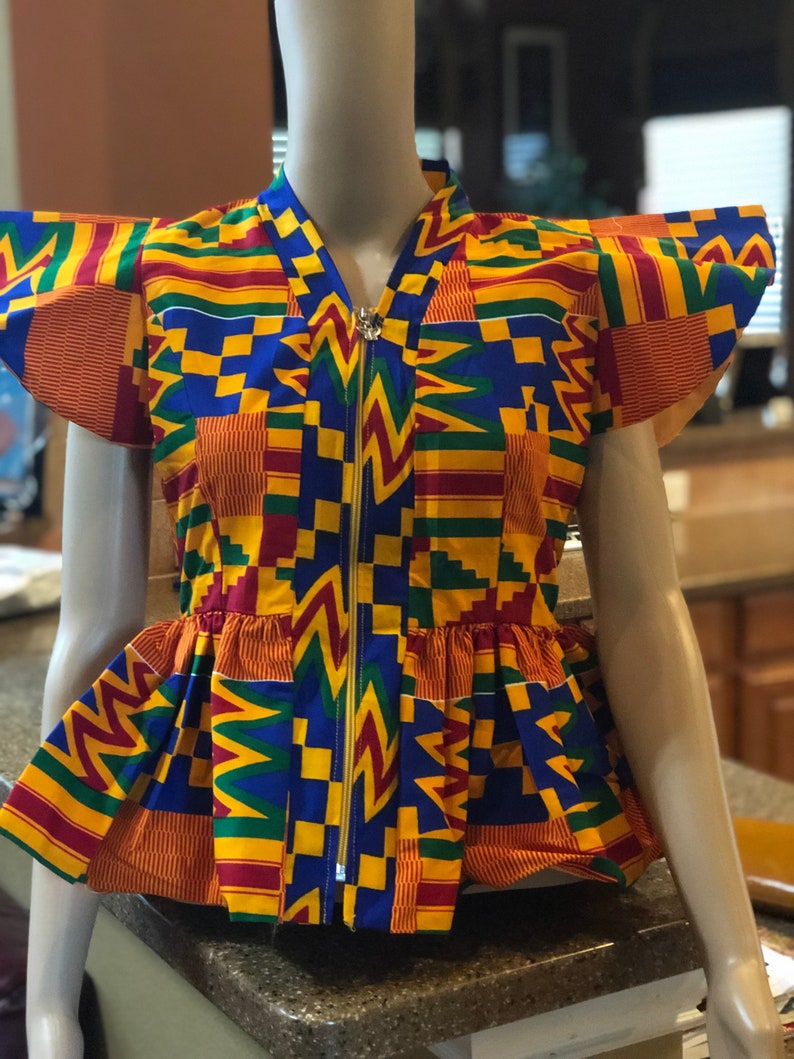 Yellow blue red cotton african ghana kente women\u2019s jacket top blouse