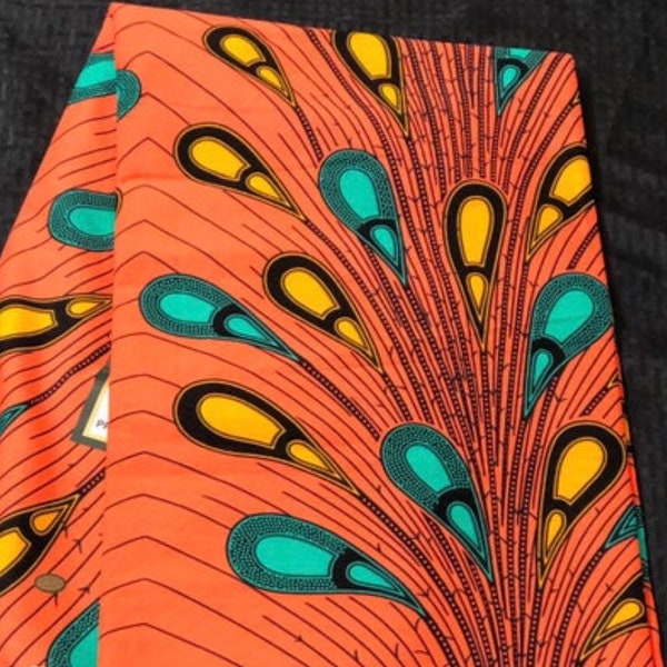 Tejido africano cortado a tamaño naranja / azul / azul / amarillo gamar de lluvia Diseño de cera africana impresión de cera / Ankara / Material / tela / envoltura