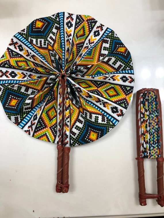 Black yellow Ankara african wedding favor ethnic print fabric round windmill style handmade hand fan with leather trim folding