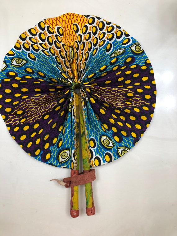 Black yellow Ankara african wedding favor ethnic print fabric round windmill style handmade hand fan with leather trim folding