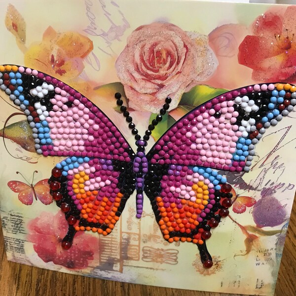 New Butterfly Beaded Card, Diamond Painted Card, Unique Card, Sparkle Card, DebbiesCardShop, Handmade Card, Finished Card, Any Occasion Card