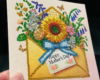 Diamond Painted Happy Mother’s day Card, Envelope with Sunflower and Flowers Card