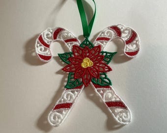 Candy Canes with Poinsettia Flower, Christmas Tree Ornament, Free Standing Lace